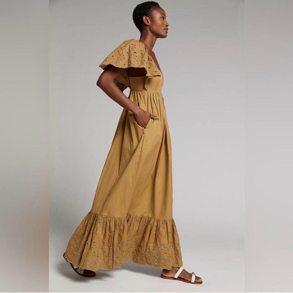 En Saison Anthropologie Flowy Tan Eyelet Boho Maxi Dress Size XS - Picture 3 of 6